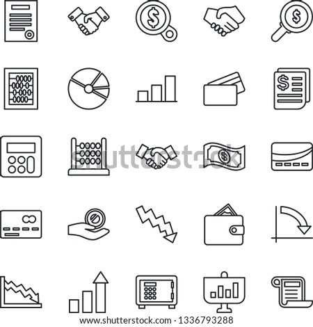 Thin Line Icon Set - credit card vector, safe, handshake, growth statistic, abacus, crisis graph, receipt, calculator, bar, pie, contract, wallet, money search, investment, cash, presentation