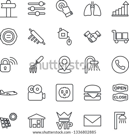 Thin Line Icon Set - phone vector, vip, shower, plane, handshake, mail, growth statistic, stamp, garden fork, lungs, signpost, cargo, warehouse, touch screen, tuning, place tag, video, sun panel