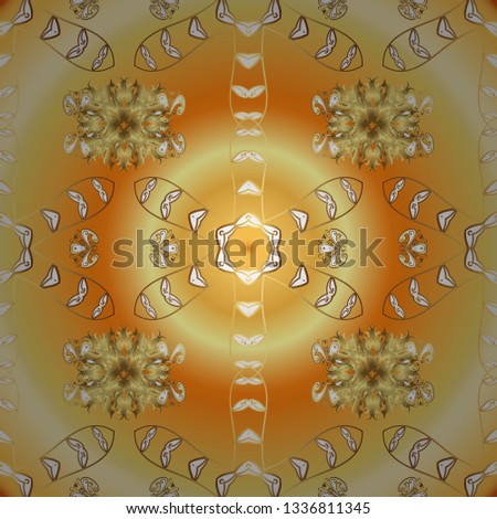 Golden pattern on a yellow and orange colors with golden elements. Luxury, royal and Victorian concept. Ornate decoration. Vector vintage baroque floral seamless pattern in gold.