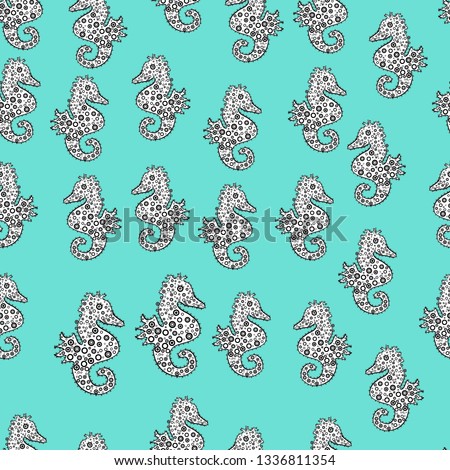 Seahorse on blue, white and black background. Vector art. Perfect for surface textures, wallpapers, web page backgrounds, textile. Tigertail Seahorse cutout. Seamless pattern. Scribble, sketch, doodle