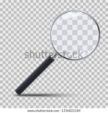 Realistic magnifying glass on transparent background. 3d magnifier loupe with glass and dark handle. Search and inspection symbol. Bussiness concept. Sciene or school supplies. Vector illustration Royalty-Free Stock Photo #1336822184