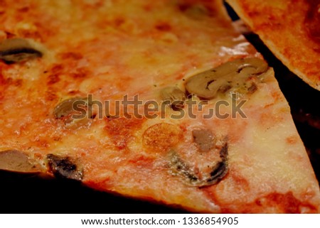 pizza with mushrooms and cheese piece, macro