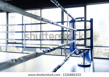 Empty ring overlooking the bright window. The concept of the upcoming competition. Boxing school concept. Sketch of the ring for boxing sparring between boxers or kickboxers