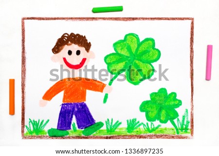 Colorful drawing: A smiling man holding a four-leaf clover. Saint Patrick's Day