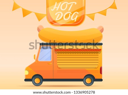 Hot dog food truck concept banner. Cartoon illustration of hot dog food truck concept banner for web design