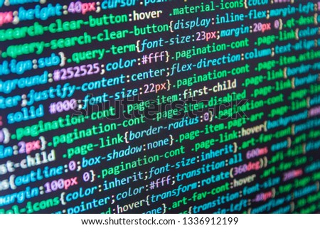 Web programming and bracket technology background. Flat design, web development. Hacker background. HTML code on computer screen isolated on background. Modern binary code close-up.  