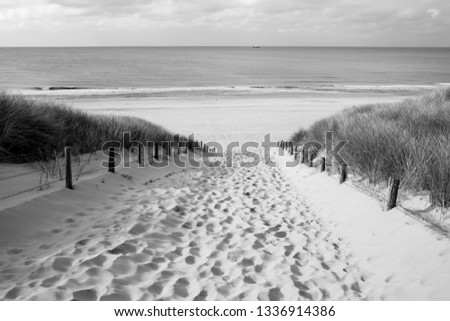 North sea landscape at evening light, black and white picture 