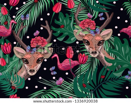 hand drawn deer babies, flamingos, butterflies, tropical leaves and tulip flowers on dark background, seamless pattern, vector illustration for fabric prints