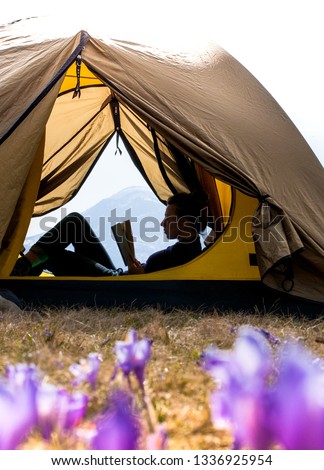Yellow tent with deflected sides. It shows the dark silhouette of the girl reading the book. Her head is raised and one leg is bent. Blurred top in the background. Purple crocuses - in the foreground.