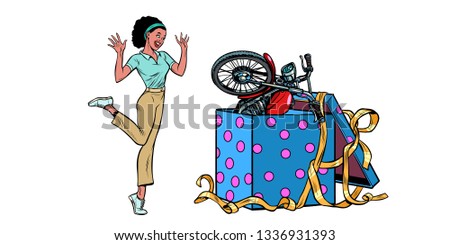 motorcycle holiday gift box. African woman funny reaction joy. isolate on white background. Pop art retro vector illustration vintage kitsch 50s 60s