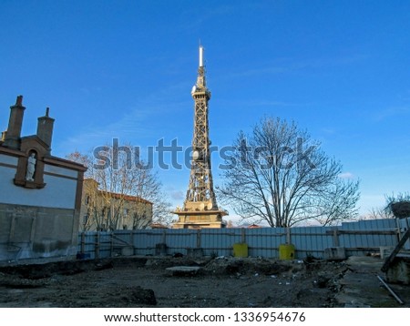 Metallic tower of Fourviere, Tour metallique de Fourviere, a landmark of Lyon, France, steel framework tower which bears a striking resemblance to the Eiffel Tower, Europe Royalty-Free Stock Photo #1336954676