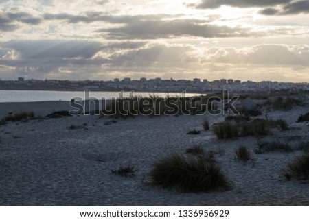 The view of the Lagos city and its beach against the sun, Algarve, Portugal