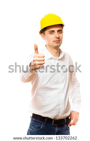 constructor in helmet holding thumb up