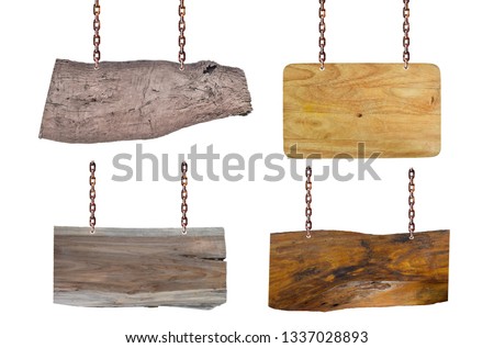 Old empty wooden signs hanging on chain isolated on white background.