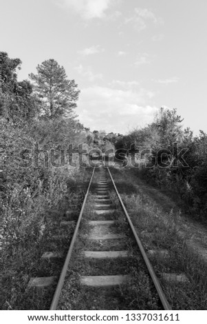 Black and white picture of desert railroad located between Kalaw and Inle Lake in Myanmar