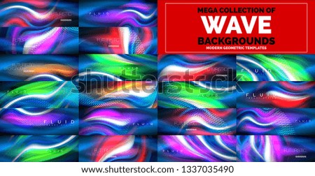 Mega collection of neon glowing wave abstract backgrounds. Magic energy and light motion templates. Vector illustration
