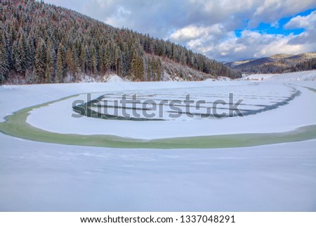 snowy scenery with thin ice lake