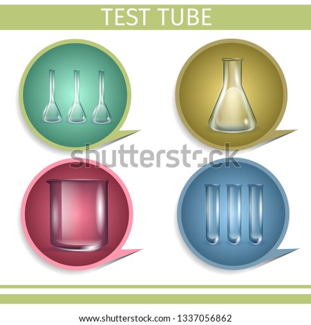Test Tube. Laboratory Glassware Set. Different Bottles and Flasks inside of Colorful Circles. Clip Art for Medical Use. Chemical Transparent Glass for Clinic Lab. Vector Realistic Illustration, Icons.