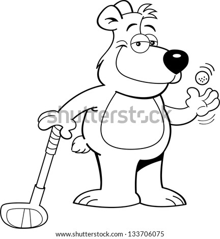 Black and white illustration of a teddy bear holding a golf club.