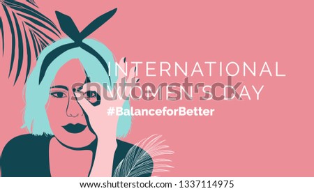 International womens day banner, girl with short hair decorated with leaves on pink background