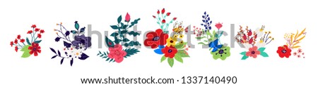 Illustrations of bouquets of flowers. Vector. Buds and stems, floristics. Composition of plants and herbarium. Cartoon style. The image of summer and spring. Pattern for clothes.