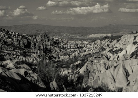 Black and White view of Ushisar and Pigeon Valley in Cappadocia.