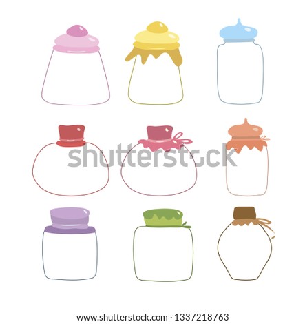 Set of empty jars drawing vector illustration. Vector colorful glass jars in cartoon style.