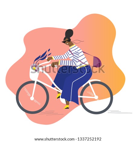Bike rental service concept. Woman riding a rented bike with an abstract background. 