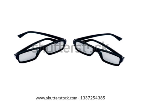 plastic black 3D glasses on white background