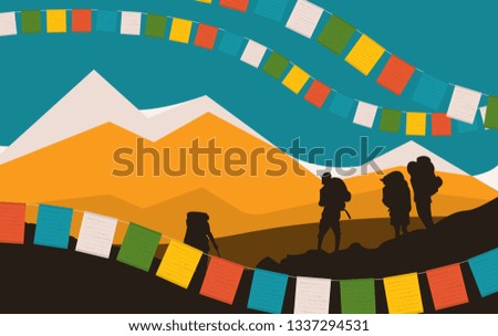 Silhouettes of Mountaineers. Mountains and Praying Flags.