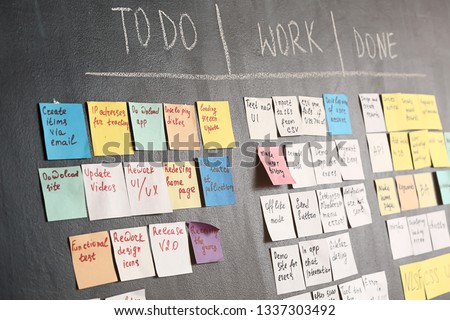 Scrum task board on dark wall in office Royalty-Free Stock Photo #1337303492