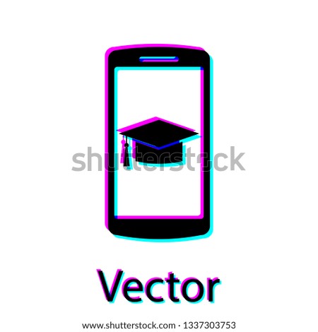 Black Graduation cap on screen smartphone icon isolated on white background. Online learning or e-learning concept. Vector Illustration