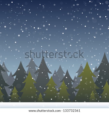 A background depicting a snowy evergreen forest. Horizontally repeatable. Raster.