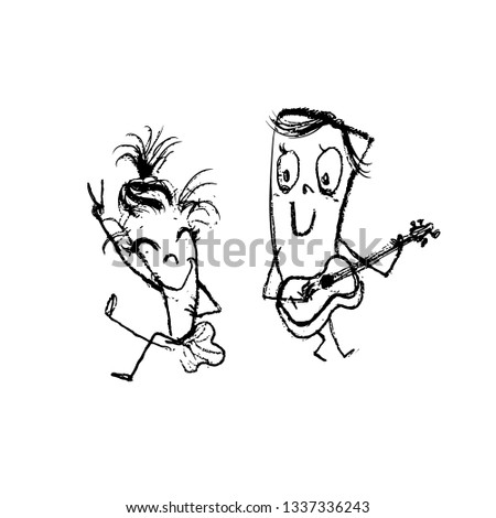 funny little men dancing playing the guitar illustration vector