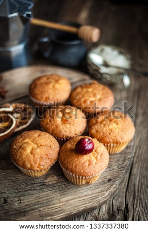 Home-made biscuit cakes. A simple cherry muffin on top. A set of muffins with dried paradise apple.