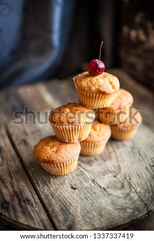 Home-made biscuit cakes. A simple cherry muffin on top. A set of muffins with dried paradise apple.