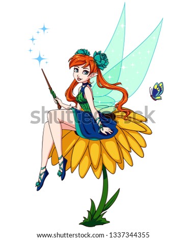 Cute cartoon fairy sitting on flower. Girl with brown ponytails wearing green dress. Hand drawn vector illustration. Isolated on white background. Can be used for children mobile games, books etc.