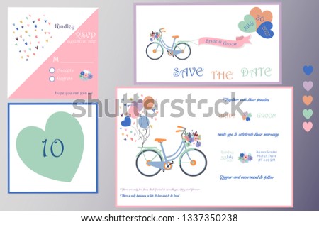 Wedding Invitation Bicycle Theme.  Includes invintation, rsvp, save the date and table number templates. Vector Illustration.