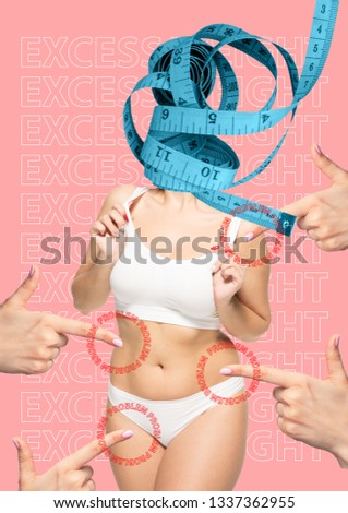 Contemporary modern art collage. Female body. Fat lose, liposuction and cellulite removal concept. Plastic surgery. Image is not body shape retouched