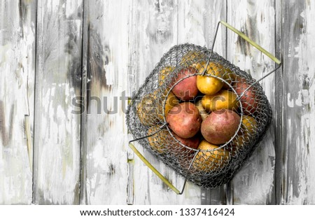 Fries in metal basket. On white wooden background