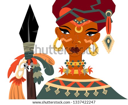 A woman of the tribe in national costume, a turban and a spear. Traditional and ethnic
