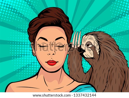 Sloth whispering to girl. Cartoon comic illustration in pop art retro style.
