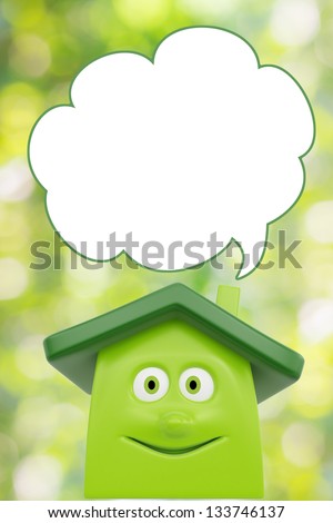 Eco green cartoon house with speech bubble blank. Ecology concept