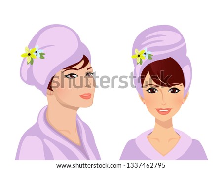 Beauty Spa Face Set, Adorable Woman in Turban and in Bath Robe in Side Profile and Front View. Spa Day Card Concept. Character Portrait of Girl Purity Cartoon Flat Illustration, Icon, Clip Art.