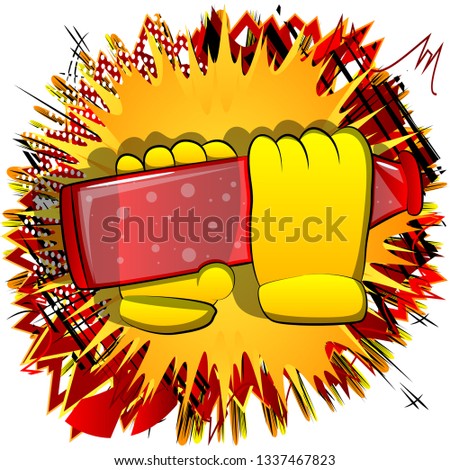 Vector cartoon hands holding a beer. Illustrated sign on comic book background.