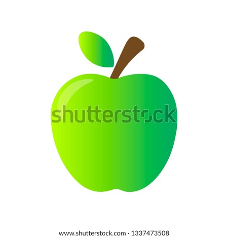 Icon of fresh green ripe juice shiny apple with reflection, stem and leaf. Isolated on white background. Editable vector EPS 10 illustration.