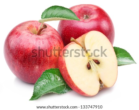 Red apple with apple leaf and slice on a white background.