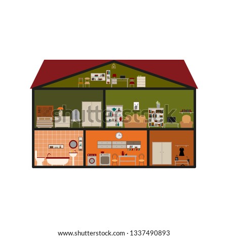 Vector illustration of cross section of the house.Collection of furniture and home accessories.  Isolated on the background.
