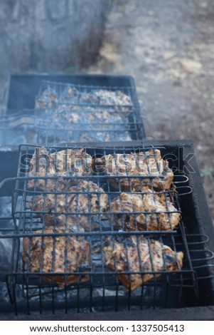 The process of cooking kebabs on the grill. Wonderful pastime on the May holidays. Aromatic and juicy meat on the smoke