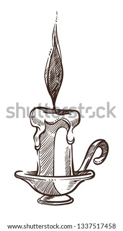 Candle with burning flame and melting wax monochrome sketch outline vector glowing object used for decoration and creation of romantic atmosphere colorless candlelight isolated in flat style